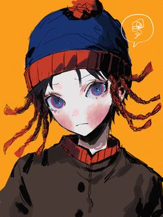 an anime character with blue eyes wearing a red and black beanie on her head