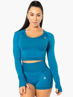 Electra Seamless Long Sleeve Crop Top - Electric Blue - Ryderwear Seamless Long Sleeve Sportswear, Seamless Long Sleeve Activewear For Gym, Functional Long Sleeve High Stretch Sports Bra, Seamless Long Sleeve Yoga Activewear, Sporty Seamless Long Sleeve Activewear, Long Sleeve Seamless Athleisure Activewear, Long Sleeve Seamless Activewear For Workout, Seamless Long Sleeve Activewear, Breathable Long Sleeve Sports Bra