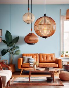 a living room filled with furniture and hanging lights