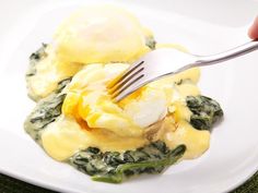 a person is holding a fork over some food on a white plate with spinach and eggs