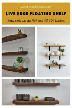 floating shelf made from wood and metal with text overlay that reads live edge floating shelf handmade in the usa and off vo finish