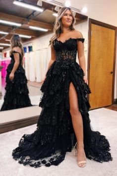 Long Off-the-Shoulder Black Lace A-line Evening Prom Dress with Side S – BIZTUNNEL Tiered Prom Dress, Black Dress Formal, Blue Tulle, Evening Dresses Cocktail, Tulle Prom Dress, Prom Dresses Lace