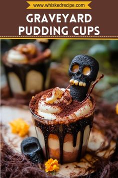 an image of graveyard pudding cups with chocolate and whipped cream