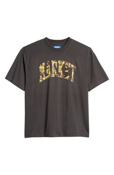 A camo-splashed logo arcs across this graphic T-shirt cut from comfortable cotton in a classic fit. Crewneck Short sleeves 100% cotton Dry clean Imported Cut Tshirt, Fabric Gift Bags, Cut Shirts, Nordstrom Store, Free Fabric, Fabric Gifts, Black Fits, Camo, Graphic Tshirt