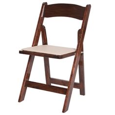 a wooden folding chair with a seat cushion on the back and side, against a white background