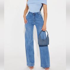 New With Tags Size 9 Stretchable Trendy Blue Bottoms For Spring, Versatile Blue Jeans For Workwear, Trendy Medium Wash Wide Leg Pants For Work, Chic High Waist Medium Wash Pants, Chic Denim Blue Pants For Day Out, Trendy Blue Wide Leg Jeans, Trendy Wide Leg Blue Jeans, Blue Mid-rise Bottoms For Day Out, Chic Blue High Waist Jeans