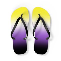 A super subtle way to show your Enby pride, with stunning vibrant colors of the Nonbinary pride flag in our most-loved ombre gradient design. ▪ Easy slip-on thong-style sandals ▪ Cushioned footbed ▪ Slip-resistant soles ▪ Black PVC strap ▪ 100% polyester suede insole ▪ 5/8" (15 mm) thick EVA sole with a textured bottom ▪ Fits true to size --------------------------------------------------------------------------- 📏 SIZE GUIDE:  Please use the Size Guide, in photos, for proper fitting.  ▸ If you are between sizes, choose the larger size. ▸ Available in 4 Unisex sizes: S - XL ▸ If you need any help with sizing, or help with the translation or due to limited vision, please message us & we'll be happy to help! --------------------------------------------------------------------------- 📦 100% Purple Flip Flops For Summer Vacation, Ombre Swimwear For Summer, Adjustable Purple Flip Flops For Summer, Lgbtq Aesthetic, Non Binary Pride, Ombre Gradient, Black Pvc, Gradient Design, Non Binary