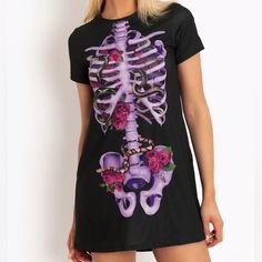 Blackmilk “Creeper Ribs Pastel Swing Tee Dress“ Size Medium Brand New In Bag With Tags, Nwt Sold Out Limited Edition From Blackmilk Clothing. Comfy Flattering Black Tee Dress With Graphic Print Front And Back Of A Gorgeous Purple Skeleton, Flowers And Snakes. Manufacturer’s Details: When Skeletal Ribs Just Aren’t Creepy Enough, Go Ahead And Throw Some Pink Roses And Entwined Snakes In There. Perfect. Made From Our Crazy Comfy Tee Fabric Relaxed, Slightly A-Line Fit Pockets For Snacks Composition Black Short Sleeve Mini Dress For Halloween, Purple Crew Neck Dress For Spring, Fitted Skull Print Dress For Spring, Fitted Skull Print Dresses For Spring, Spring Fitted Dress With Skull Print, Casual Skull Print Dresses For Spring, Casual Skull Print Spring Dresses, Fitted Purple Pastel Goth Dresses, Fitted Pastel Goth Purple Dresses