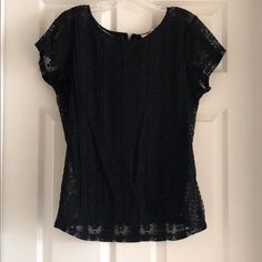 Brand New Without Tags. Sheer Pleated Lace Tee In Black. 5” Zip Back Closure. Overall Length: 23”. Short Sleeve Lace Top For Night Out, Casual Black Lace Top, Casual Lace Top For Night Out, Elegant Black Short Sleeve Top For Spring, Lace Top Short Sleeve For Night Out, Black Stretch Lace Top Casual, Casual Black Stretch Lace Top, Black Lace Top Blouse With Short Sleeves, Black Lace Top Blouse With Crew Neck