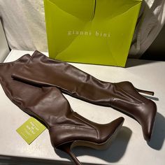 Gianni Bini Chocolate Brown Faux Leather Over The Knee Boots 3” Heels Side Zippers Size 9 Wide Calf Nwt Bohemian Boots, Black Knee Boots, Leather Over The Knee Boots, Thigh High Heels, Heel Stretch, Brown Knee High Boots, Thigh High Boots Heels, Gianni Bini Shoes, Suede Block Heels