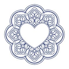 a heart shaped frame in the middle of a floral design with blue accents on white background