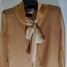 Two-Tone Sheer Beige Dressy Blouse With Self Tie; Fits Like A 6. This Is Truly A Bargain! Never Worn Beige Formal Tops For Fall, Brown Evening Top For Spring, Elegant Fitted Neutral Top, Elegant Brown Tops For Evening, Elegant Fitted Neutral Blouse, Elegant Brown Top For Work, Elegant Brown Formal Blouse, Elegant Formal Brown Blouse, Classic Beige Top For Party