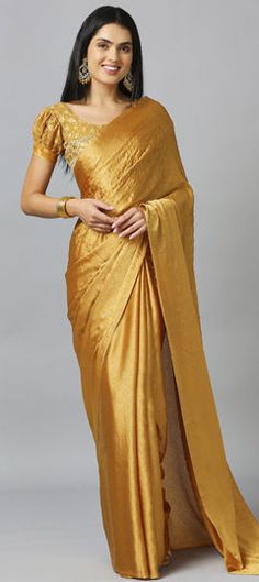 Yellow color Saree in Chiffon fabric with Thread work Yellow Silk Blouse Piece For Party, Yellow Silk Party Blouse Piece, Elegant Gold Georgette Saree, Elegant Yellow Blouse Piece For Festive Occasions, Gold Georgette Blouse Piece For Festivals, Yellow Tissue Silk Blouse Piece For Party, Yellow Tissue Silk Party Blouse Piece, Chiffon Saree For Festive Formal Occasions, Formal Chiffon Saree For Festive Occasions