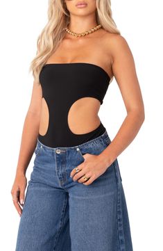 Curvy cutouts sweep into the back of this shoulder-baring bodysuit that creates an hourglass silhouette. Strapless Sleeveless 95% polyester, 5% spandex Machine wash, dry flat Imported Black Strapless Seamless Bodysuit, Strapless Black Seamless Bodysuit, Black Bandeau Stretch Bodysuit, Backless Bodysuit With Cutout Back, Black Stretch Bandeau Bodysuit, Fitted Bandeau Bodysuit For Night Out, Black Bandeau Bodysuit With Lined Body, Stretch Cutout Backless Bodysuit, Summer Backless Bodysuit With Cutout Back