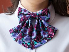 "Floral Bow tie, Purple Woman Collar, Gift for girlfriend New Way Creation Design pre - tied and adjustable bowtie It comes gift wrapped and ready for giving if you wish! This particular beautiful handmade bow tie is made from floral purple and bordeaux fabric. It is made to be for perfectly arranged, and to give you a special look at your outfit. The closure style is at your choice. Placement of the pattern may varies on each bow tie. Of course i can make your favorite type of bow tie at your w Multicolor Bow Tie For Gift, Pre-tied Decorative Bow For Gifts, Pre-tied Butterfly Knot Bow As Gift, Decorative Bow For Spring Gifts, Spring Gift Bow With Butterfly Knot, Spring Butterfly Knot Bow Gift, Spring Bow Tie As Gift, Elegant Spring Bow Tie As A Gift, Elegant Spring Bow Tie For Gift