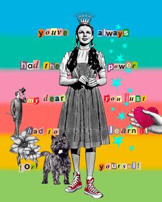 a drawing of a woman standing next to a dog with words written all over her