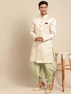 Buy KISAH Men Beige & Green Woven Design Indowestern Sherwani Set - Sherwani for Men from KISAH at Rs. 4191. Style ID: 17332192 Indowestern Sherwani, Luxurious Home, Groom Wear, Mehendi Designs, Woven Design, Trendy Decor