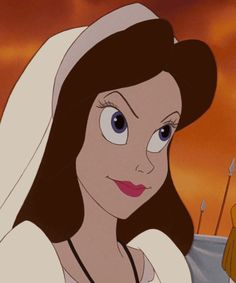 an animated image of a woman dressed as snow white with blue eyes and brown hair