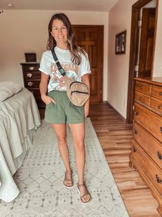 Tee Shirt And Shorts Outfit, Brown Teva Sandals Outfit, Tan Linen Shorts Outfit Summer, Tevas Outfit Summer, Tan Linen Shorts Outfit, Summer Graphic Tee In Khaki, Olive Green Shorts Outfit Summer, Shorts And Graphic Tee, White Graphic Tee Outfit