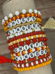 The ultimate bracelet listing for any Kansas City Chiefs Kingdom fan! Win that Dynasty! This is our WHITE set! We also offer a BLACK set! Here's the link for the BLACK set: https://www.etsy.com/listing/1782480933/kansas-city-chiefs-bracelets-chiefs These bracelets are SOLD INDIVIDUALLY unless purchased as a STACK! If wanting multiple bracelets, please add each one individually to your cart! Bracelets with letter beads can be personalized to exchange for a different word/name or player number. Pl Kc Cheifs, Chiefs Kingdom, Football Bracelet, Multiple Bracelets, Chiefs Football, Kc Chiefs, Spring Hill, White Set, Letter Beads