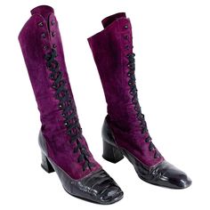 1970s purple suede and black leather Edwardian style boots that are mid-calf high. The front hat a lace up front with lace hooks and eyelets. Clothes Board, Random Clothes, Witch Vibes, Purple Boots, Gold Boots, Mighty Nein, Shoes Purple, Gloves Fashion, Edwardian Style