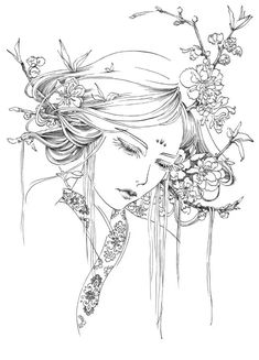 a drawing of a woman with flowers in her hair