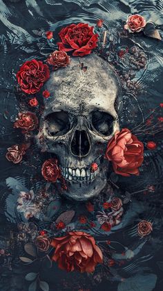 a skull with roses floating in the water