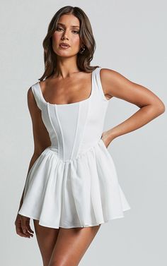 Carolyn Mini Dress - Wide Strap Sleeveless Fit and Flare Dress in White | Showpo USA Cute Mini Skirt Outfits, Basic Black Dress, Neon Outfits, Bachelorette Dress, Spring Maxi Dress, Navy Bridesmaid Dresses, Miniskirt Outfits, Long Sleeve Knit Dress, Straight Neckline