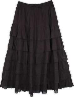 Black Flowy Tiered Skirt, Spring Black Maxi Skirt With Ruffle Hem, Black Tiered Gathered Skirt, Casual Black Tiered Maxi Skirt, Black Flared Maxi Skirt With Ruffles, Black Tiered Ruffled Maxi Skirt, Black Tiered Maxi Skirt For Summer, Black Ruffled Maxi Skirt, Flowy Black Bohemian Maxi Skirt