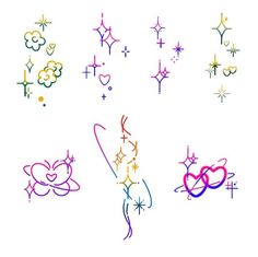 an assortment of different colored tattoos on a white background with stars and hearts in the middle