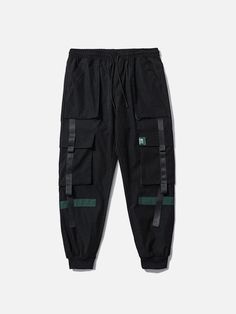 Multi Pockets Ribbons Cargo Pants - Anagoc Black Tapered Leg Pants With Cargo Pockets, Black Utility Sweatpants With Side Pockets, Black Cotton Utility Sweatpants, Black Cargo Pocket Tapered Leg Sweatpants, Black Tapered Sweatpants With Cargo Pockets, Black Tapered Leg Sweatpants With Cargo Pockets, Black Techwear Sweatpants For Spring, Black Tapered Leg Sweatpants With Pockets, Black Bottoms With Multiple Pockets And Tapered Leg