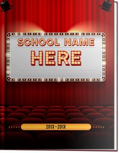 a school name here sign in front of a red curtain with spotlights and graduation hats