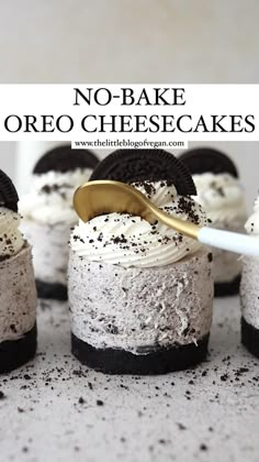 no - bake oreo cheesecakes with cookies on top