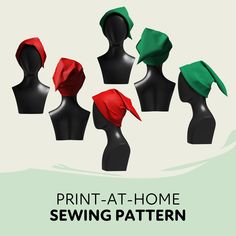 a group of mannequins with different colored hats on their heads and the words print - at - home sewing pattern