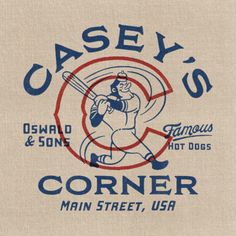 an old logo for casey's corner with a cartoon baseball player holding a bat