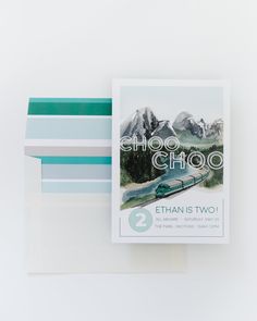 a card with the words choo choo on it next to a photo of a train