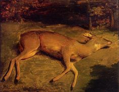 a painting of a deer laying on the ground