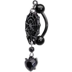 Black Gem Black Spiderweb Halloween Reversible Dangle Belly Ring If you're ready to get into the spirit of Halloween then you will love this 14 gauge navel jewelry with scary style! Made with a 3/8" black plated over 316L surgical grade stainless steel curved barbell, this reversible navel ring features a spiderweb dangle charm with a black gem spider as well as a black gem heart dangle charm that is perfect for trick or treating or a gothic ball.Specifications14 Gauge (1.6mm), 3/8" (10mm), Blac Jewelry Promotion, Navel Jewelry, Dangle Belly Rings, Black Gems, Tongue Rings, Navel Ring, Navel Rings, Belly Ring, Trick Or Treating