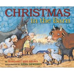 christmas in the barn book cover with farm animals and donkeys standing around an open fire place