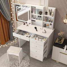 a white desk with drawers and lights on the wall behind it, along with a stool