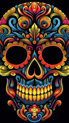 a colorful sugar skull on a black background