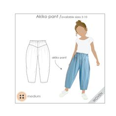 "Description: Akiko Girls ankle cropped gather pant with elastic waist. The Patterns are in REAL SIZE, DIGITALIZED ready to download, print and use!   Fabric suggestion: Medium weight woven fabric eg.poplin , heavy voile , homespun , linen   Trims: 2.5cm Elastic   Sizes: 3, 4, 5, 6, 7, 8, 10 Refer to size guide https://www.kidspatternco.com/size-guide The pack includes ALL SIZES as a nest, PDF patterns are created on layers so you select and print only the size/s you need   The 'zip'  file inclu Kids Pants Pattern, Harem Pants Pattern, Toddler Sewing Patterns, Toddler Patterns, Sewing Kids Clothes, Sewing Instructions, Sewing Patterns Girls, Diy Vetement, Pants Sewing Pattern