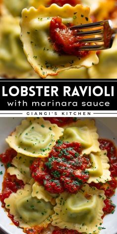 a fork with some ravioli on it and another photo with the title lobster ravioli with marinara sauce