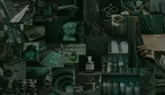 a collage of green and black images with different things in them, including books