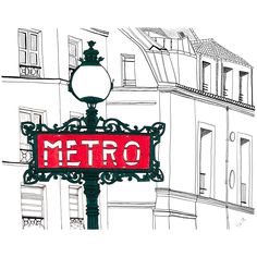 a red metro sign hanging from the side of a street light in front of a building