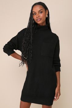 Prepare to be the cutest (and warmest) babe of the season in the Lulus Positively Charming Black Turtleneck Mini Sweater Dress! Soft brushed sweater knit shapes this cozy dress that features a chic turtleneck framed by long sleeves with drop shoulders. The relaxed, shift silhouette boasts a front patch pocket before it falls to a cute mini hem that pairs perfectly with your favorite knee-high boots. Ribbed knit accents the neckline, cuffs, and hem. Fit: This garment fits true to size. Length: Mi Cozy Long Sleeve Textured Sweater Dress, Soft Knit Dresses For Fall, Cozy Textured Knit Long Sleeve Sweater Dress, Soft Knit Fall Dresses, Chic Midi Sweater Dress For Loungewear, Cozy Long Sleeve Soft Knit Dress, Cozy Soft Knit Long Sleeve Dress, Cozy Knit Sweater Dress For Loungewear, Soft Knit Long Sleeve Fall Dress