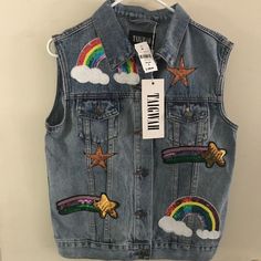 Nwt Lf Taigwah Denim Glitter Patch Rainbow Vest Nwt Rainbow Vest, Patch Vest, Denim Vest, Jackets & Coats, Jackets For Women, Glitter, Rainbow, Women Shopping, Color