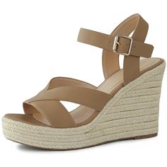 a women's wedged sandal with an open toe and two straps on the side