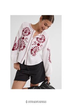 Flowing blouse featuring a round neck, long sleeves with elasticated trim, contrast embroidery and a button-up front. Available in assorted colours. Denim Refashion, Flowing Blouse, Cotton Viscose, Embroidered Blouse, Things To Buy, Round Neck, Button Up, Elastic, Blouses For Women