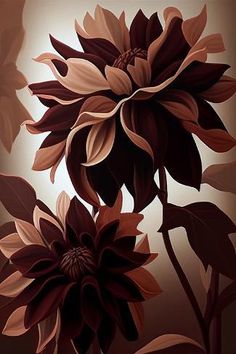 a painting of two large flowers on a brown background